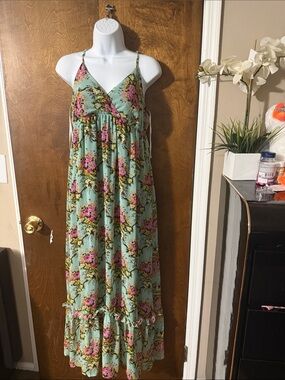 Forever 21 Mint Green Floral Maxi Dress with Pink and Yellow Flowers